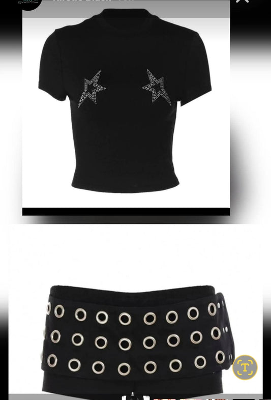 Rivet & Rhinestones Gothic Short Set featuring a cropped top with star embellishments and a grommet belt.
