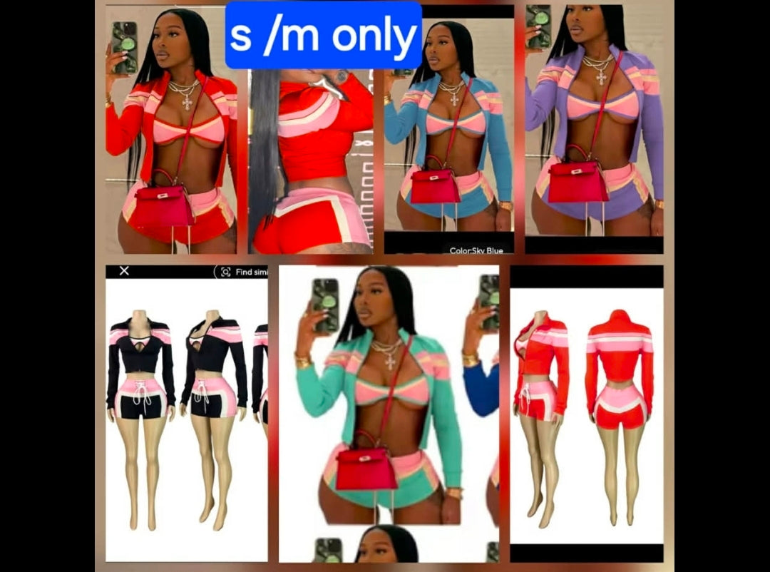 3pc Chill Color block Short Set in various colors, showcasing skinny leg stretch material, perfect for summer style.
