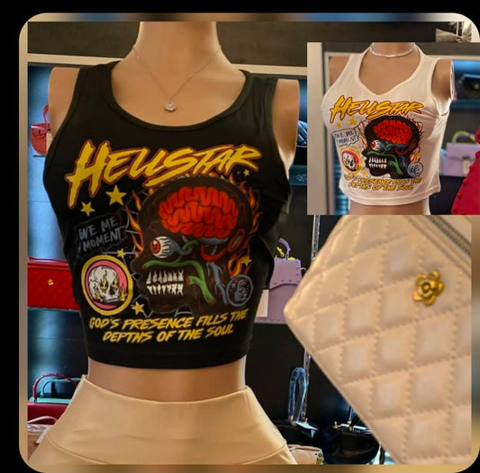 Graphic muscle crop top featuring colorful graphic design and eye-catching text on a black and white tank top.