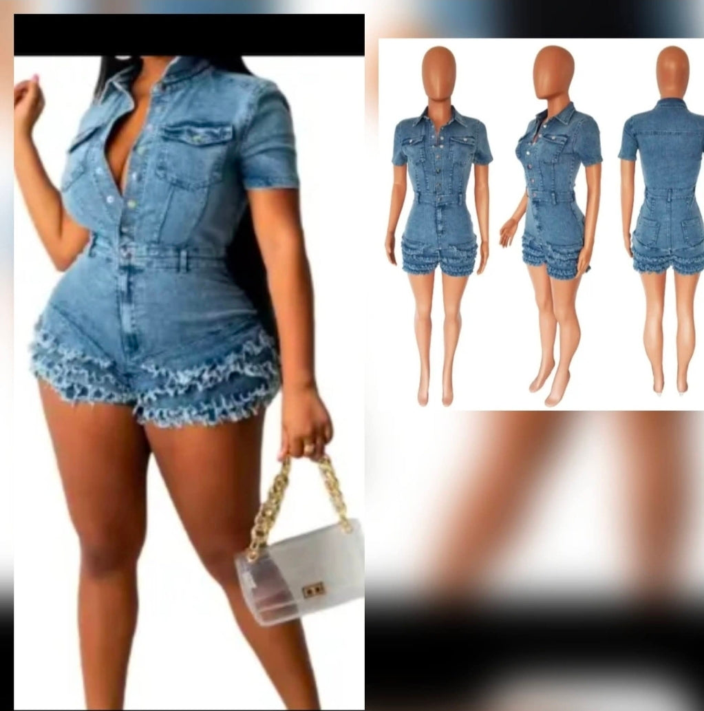 Ruffle denim romper showcasing stretch material and stylish design, perfect for casual summer outings.