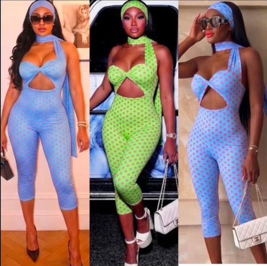 Three models showcasing polka dot jumpsuit in vibrant blue and green patterns with cut-out designs.