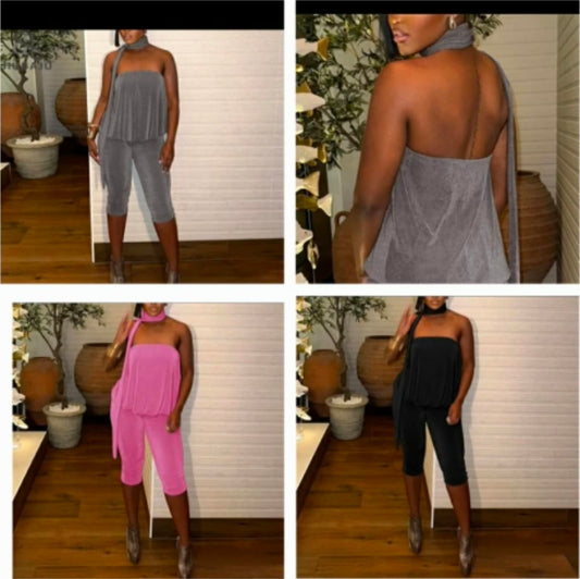 Various styles of tube top jumpsuit displayed on a model, showcasing grey, black, and pink options.