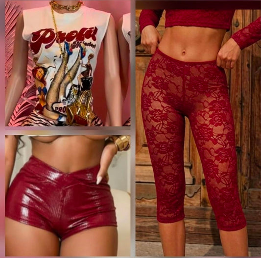 Burgundy Graphic Tee/ Lace Capri Set