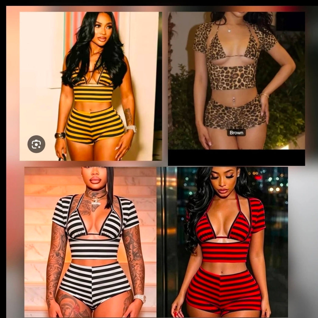 3pc Bralette Stripe Short Set