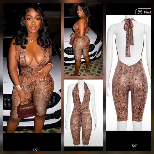 Snakeskin Plunge Neckline capri jumpsuit