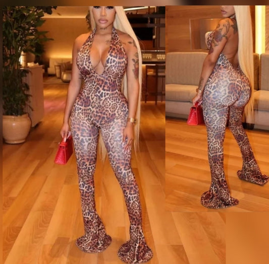 V Neck Cheetah Bell Pant Jumpsuit