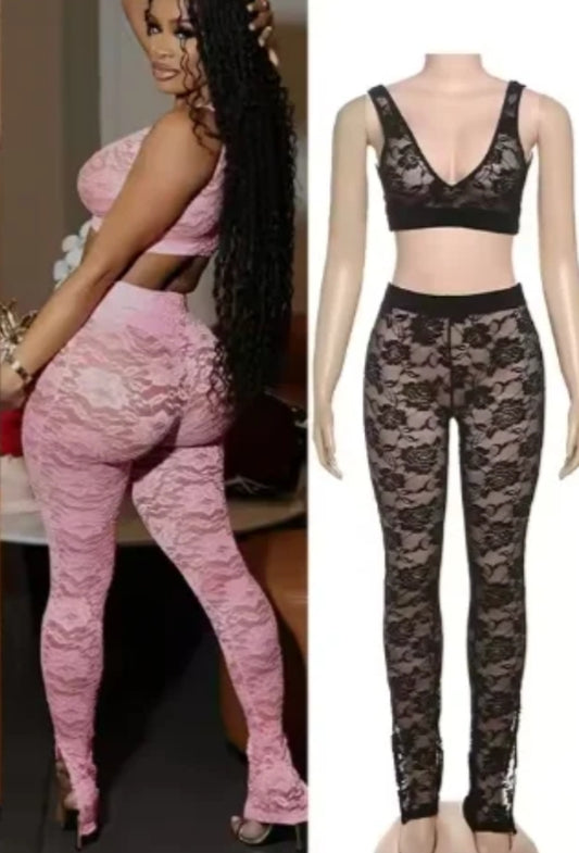 Lace Bralette Pant set - Pink or Black
