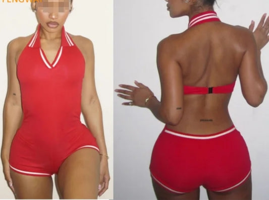 Backless Collared Romper  Red or Black