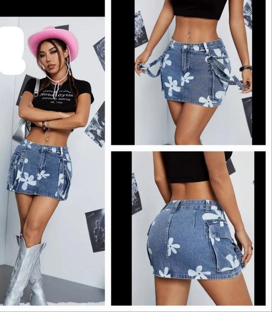 Denim Floral Skirt with Suspenders