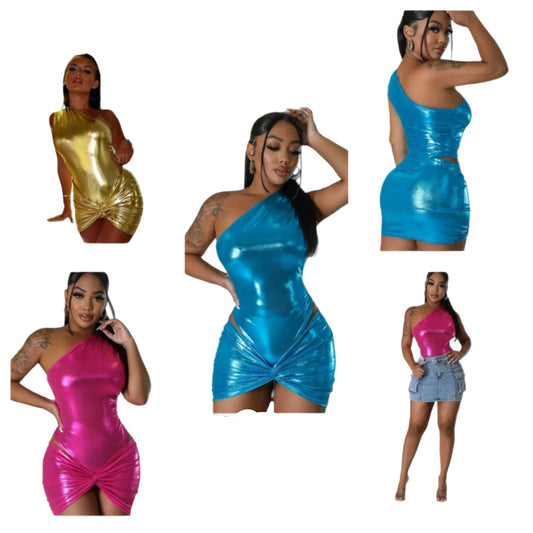 2PC Metallic  One Shoulder Romper with Skirt