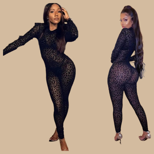 Cheetah Print Mesh Jumpsuit