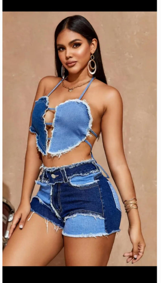 Two Tone Halter neck denim short set