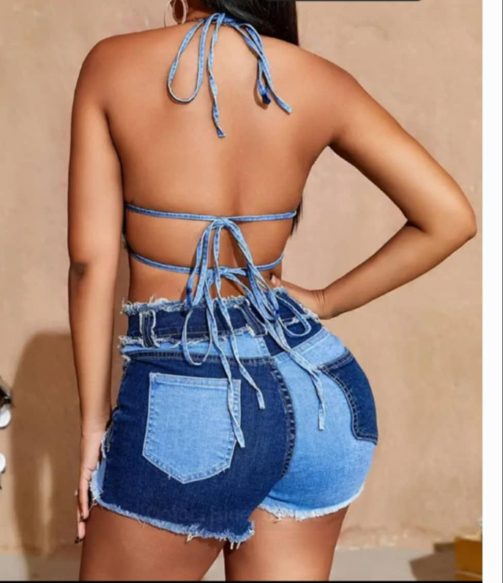 Two Tone Halter neck denim short set