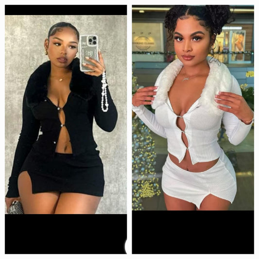 Fur Collar Trim Skirt Set