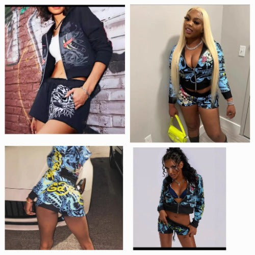 Chill Set- Graphic Print long sleeve hoodie 2 pc Short Set