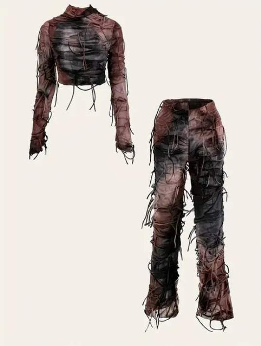 Ombre Zombie Pant Set featuring a cropped top and matching pants with a unique shredded design.