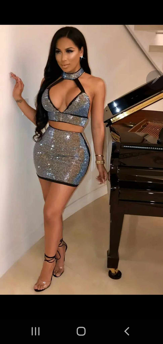 Halter Top Rhinestone Skirt Set