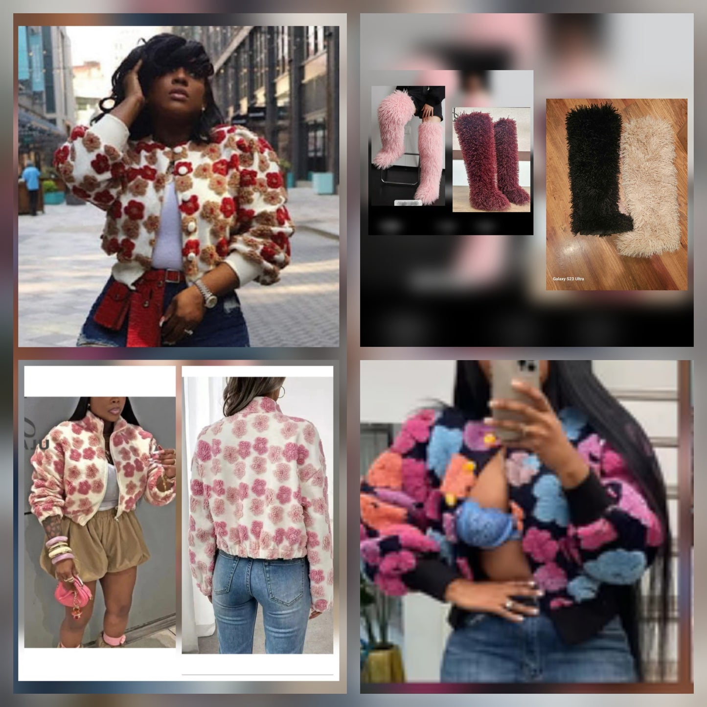 Various stylish designs of an embroidered flower jacket showcasing vibrant floral patterns and unique textures.
