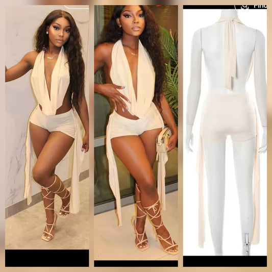 Plunge neckline long tie short set